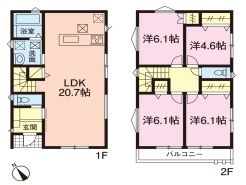 広々20.7帖のLDKに6.1帖の居室が3部屋。4.6帖のサービスルーム付きです。各部屋の収納に加えて床下収納も2か所あります。